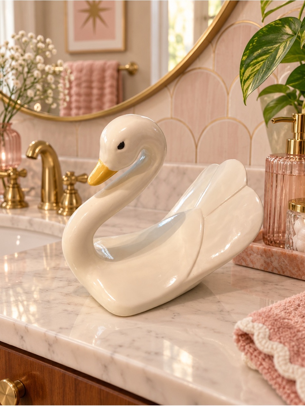 White Ceramic Swan Vanity Decor Hollywood Regency MCM Glam